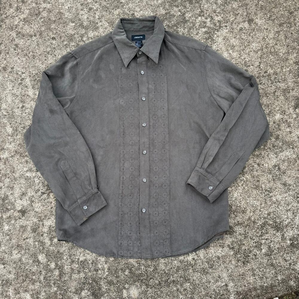 Claiborne Faux Suede Eyelet Button Down Shirt 90s Vintage Womens Large Gray L